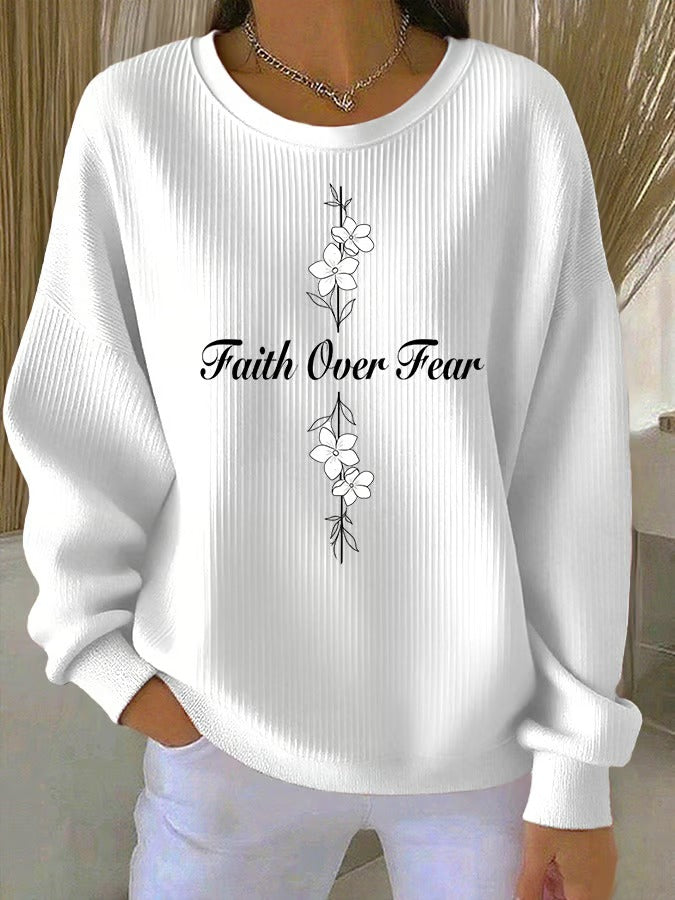 Ladies' Casual Faith Floral Print Round Neck Long Sleeved Knitted Sweatshirt