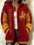 Women'S Football Print Casual Hooded Long Cardigan