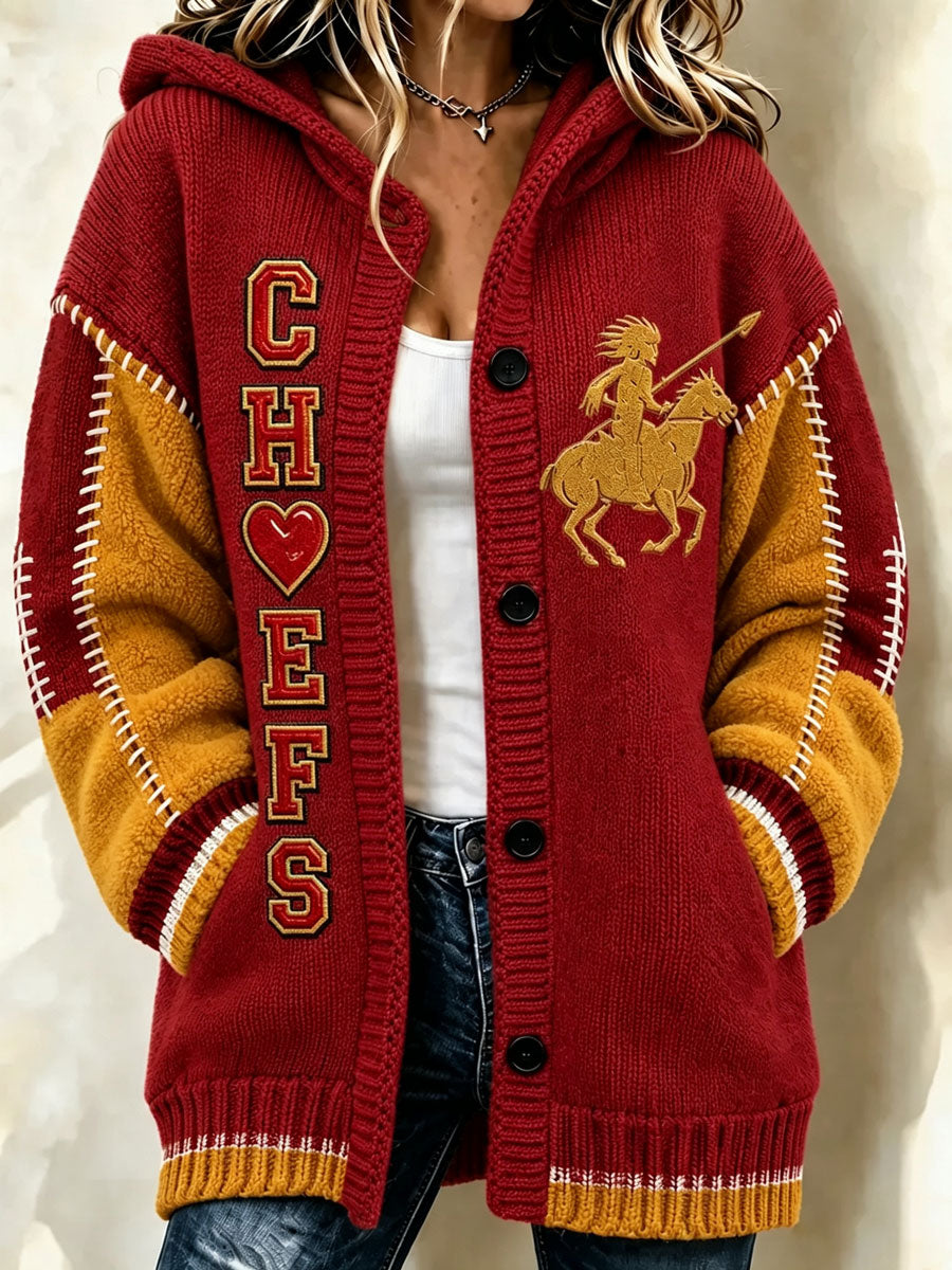 Women'S Football Print Casual Hooded Long Cardigan