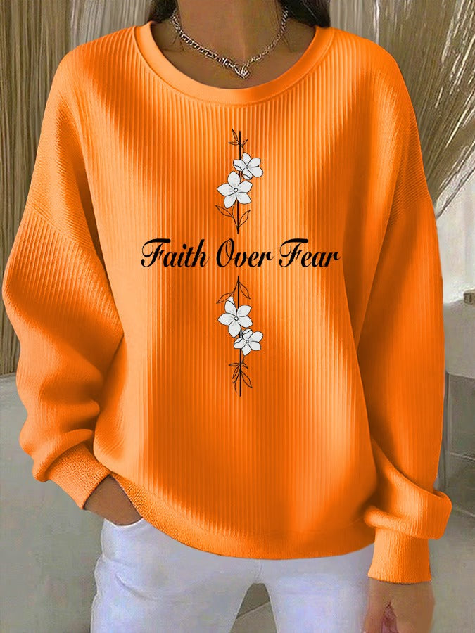 Ladies' Casual Faith Floral Print Round Neck Long Sleeved Knitted Sweatshirt