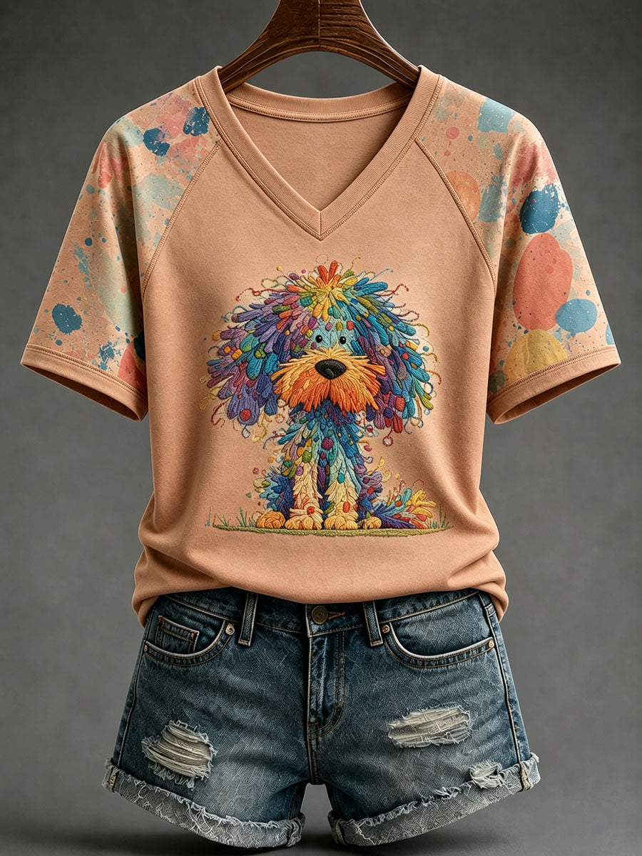 Ladies' Cute Dog V-Neck Casual T-Shirt