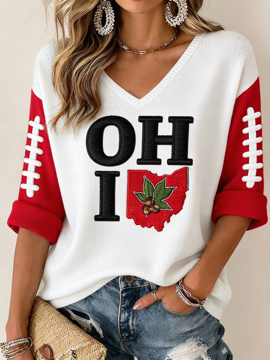 Women'S Football Print Waffle V-Neck Top