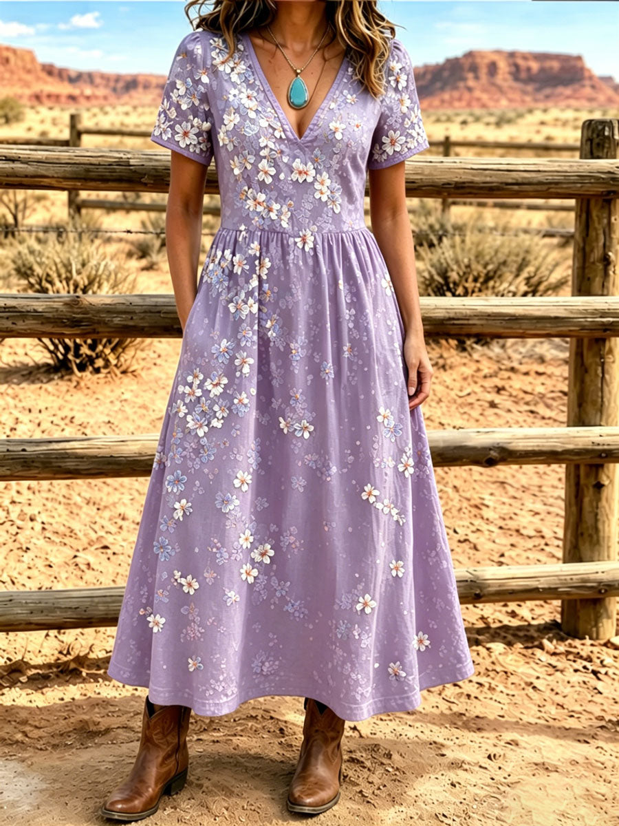 Women'S Western Style V-Neck Short Sleeved Floral Pattern Dress