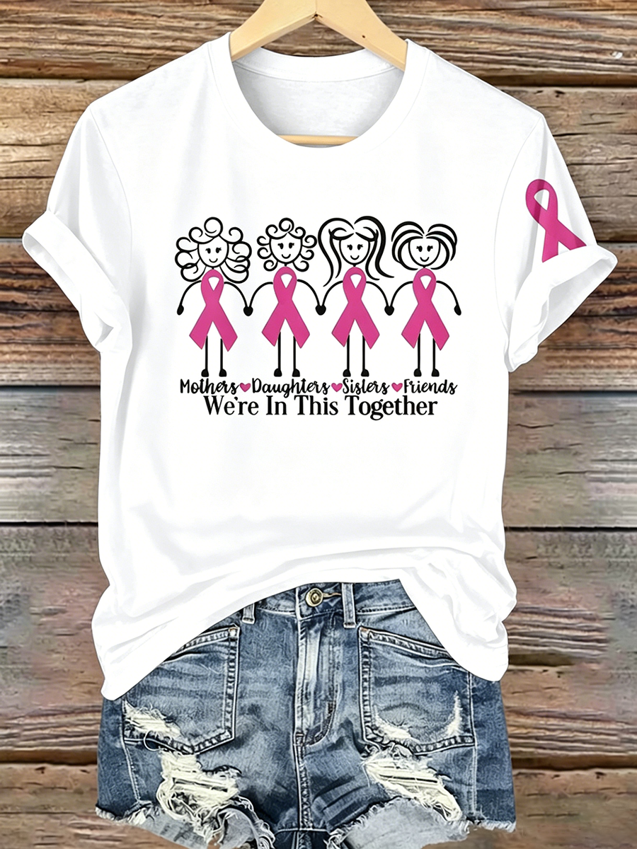 Pink Series Disease Health Awareness Public Welfare Printed Round Neck T-Shirt