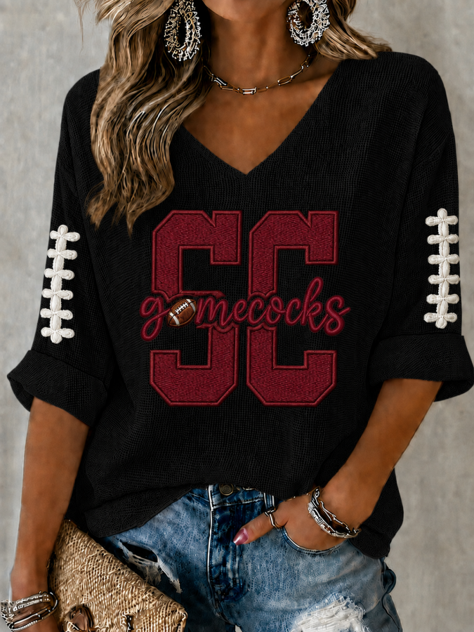 Women'S Football Print Waffle  Top