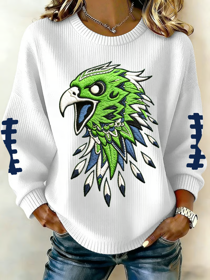 Women's Football Print Knit Crew Neck Long Sleeve Top