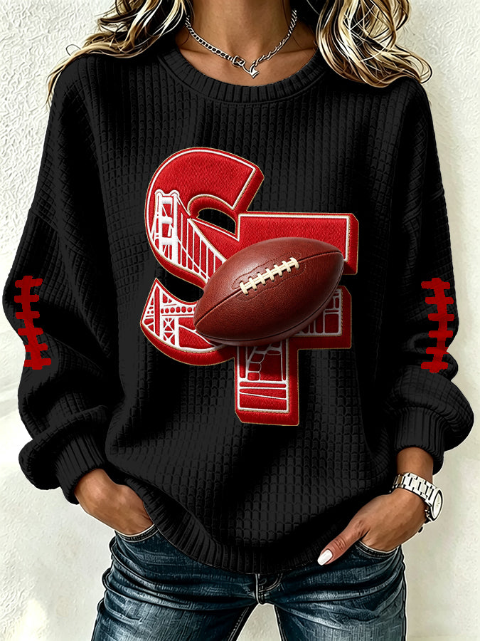 Women'S Football Print Waffle Long Sleeved Round Neck Sweatshirt