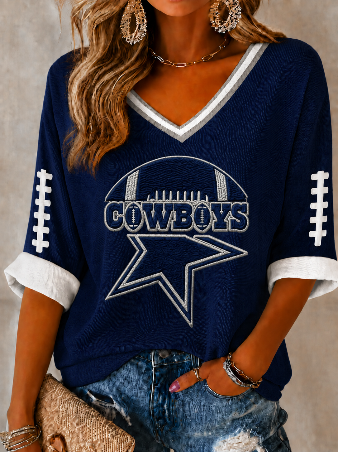 Women'S Football Printed Mid Sleeve V-Neck T-Shirt