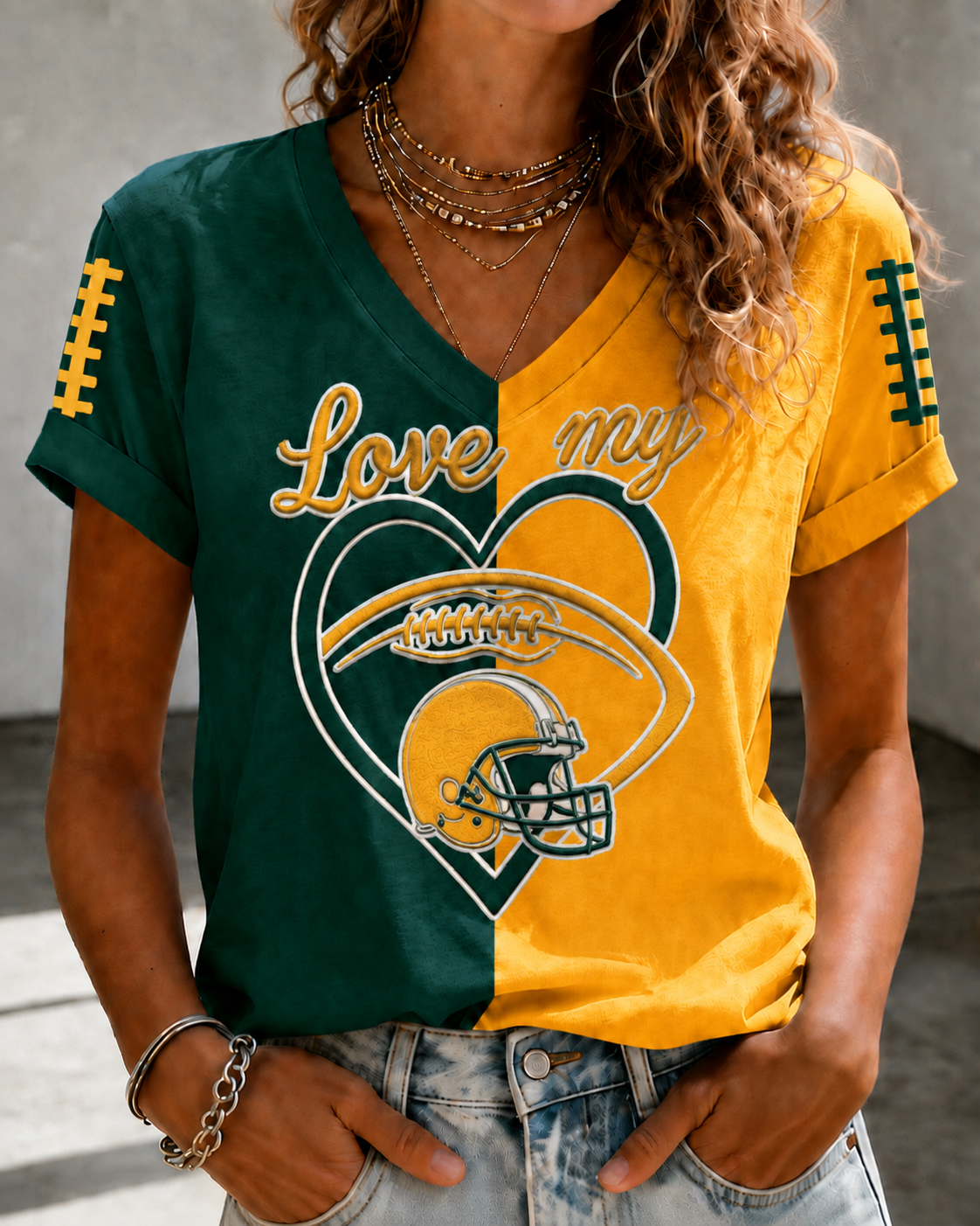 Women's Football Printed V-neck T-shirt