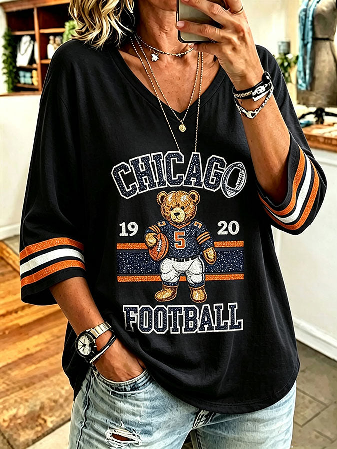 Women'S Casual Football V-Neck 7-Inch Sleeve T-Shirt