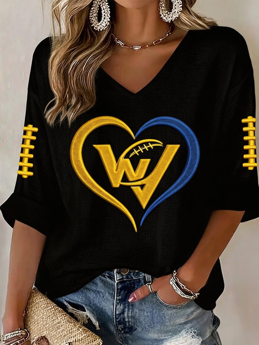 Women'S Rugby Patterned Waffle V-Neck Top