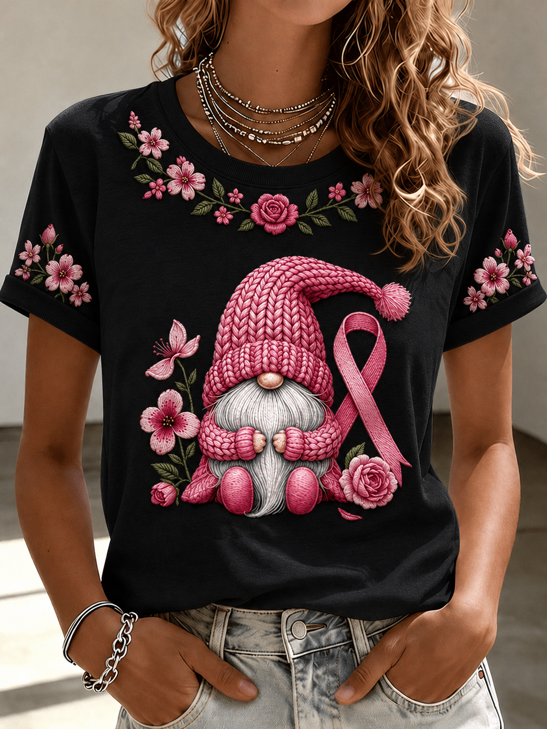 Women'S Breast Cancer Promotional Print Short Sleeved T-Shirt