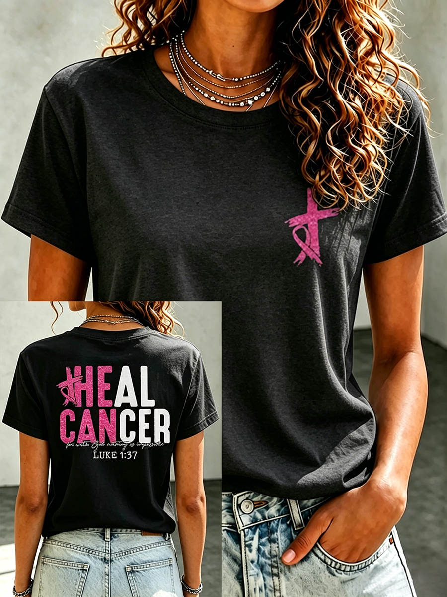 Pink Series Disease Health Awareness Public Welfare Printed Round Neck T-Shirt