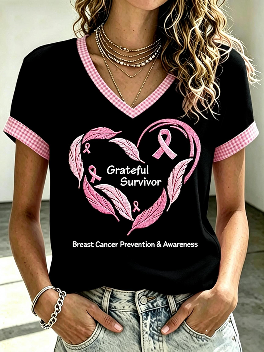 Women's Love Pink Ribbon Embroidered Casual T-shirt