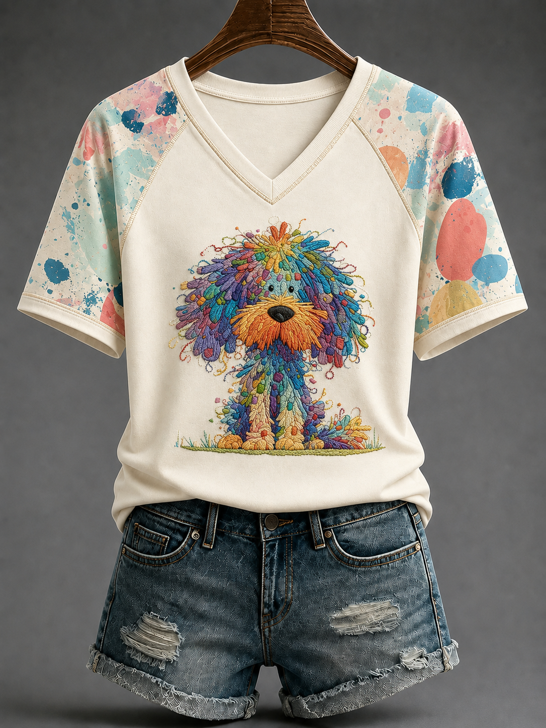 Ladies' Cute Dog V-Neck Casual T-Shirt