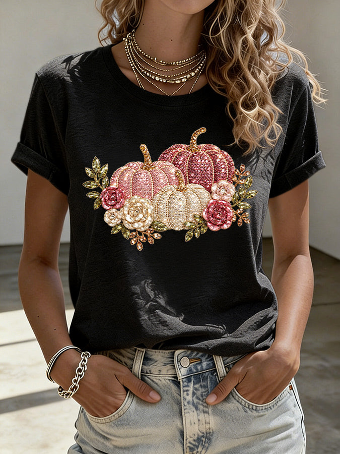 Ladies' Pink Pumpkin Printed Casual T-Shirt