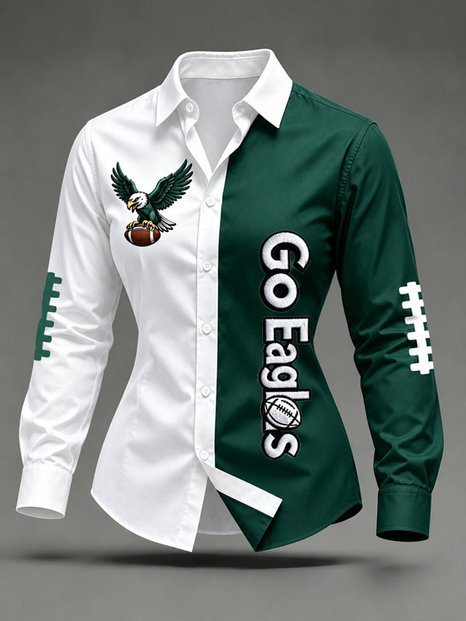 Women's Football Fans Casual Printed Lapel Long Sleeved Shirt