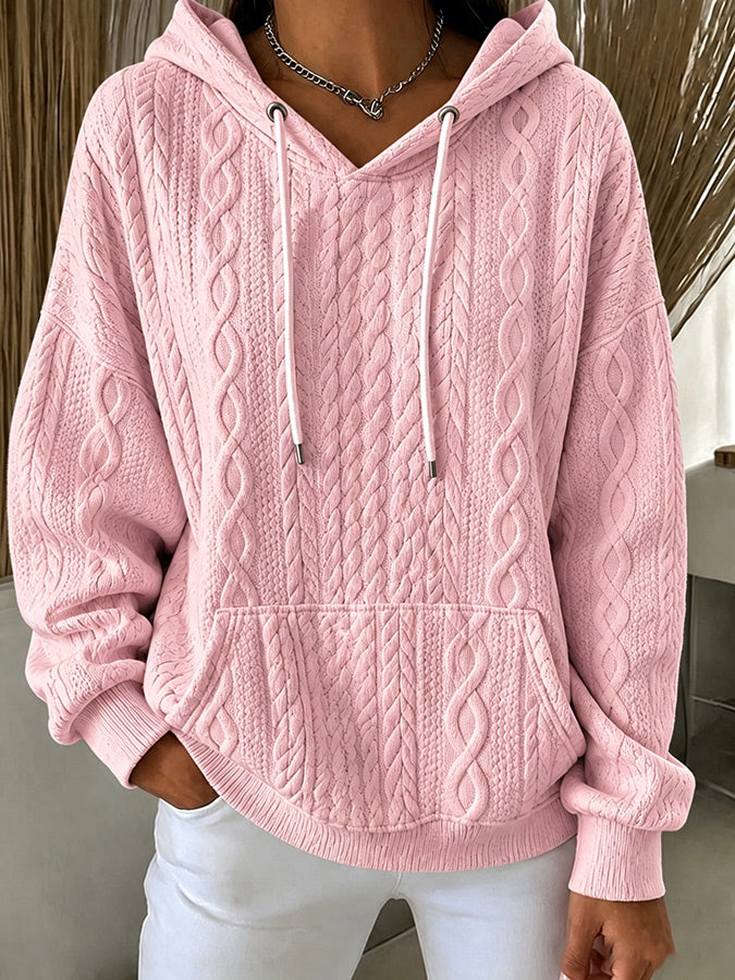 Women'S Casual Solid Color Knitted Jacquard Hooded Sweatshirt