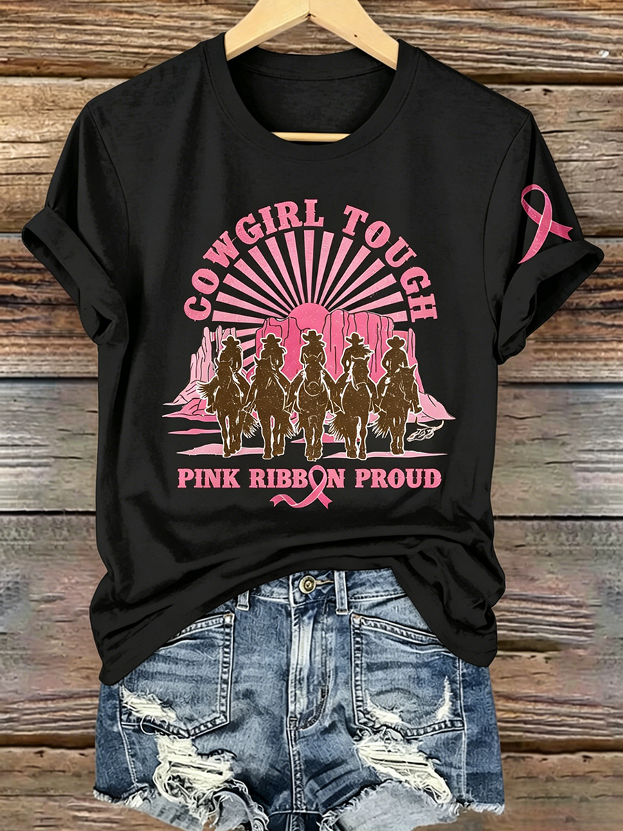 Pink Series Disease Health Awareness Public Welfare Printed Round Neck T-Shirt