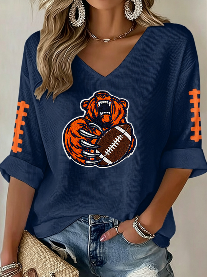 Women'S Rugby Printed Waffle Long Sleeve T-Shirt