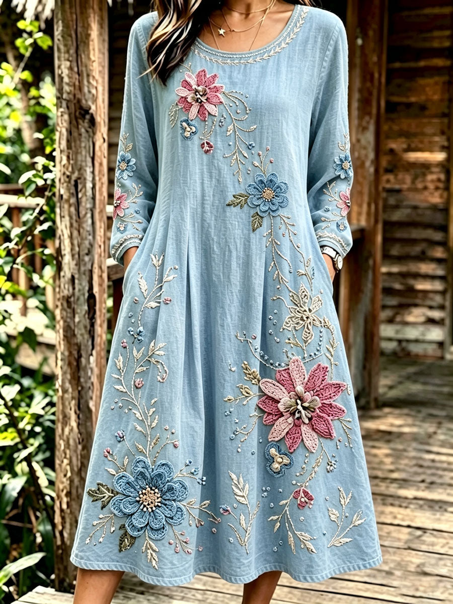 Women'S Round Retro Floral Cotton Linen Long Sleeved Dress