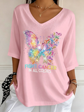 Women's Cancer Awareness V Neck 3/4 Sleeve Casual Tee