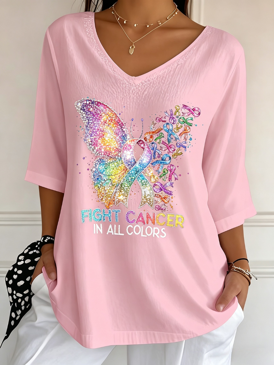 Women's Cancer Awareness V Neck 3/4 Sleeve Casual Tee