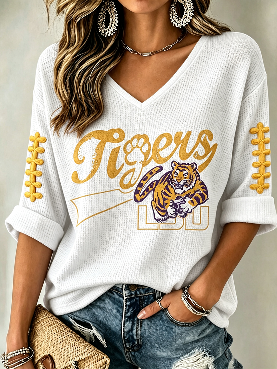 Women'S Rugby Patterned Waffle V-Neck Top