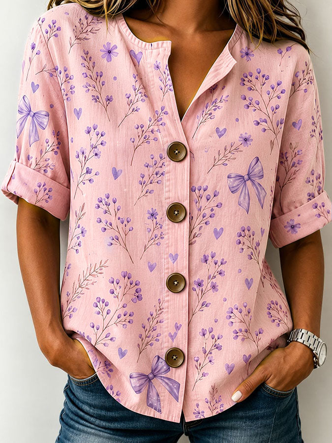 Women's Bow Heart Floral Branch Print Roll Sleeve Shirt