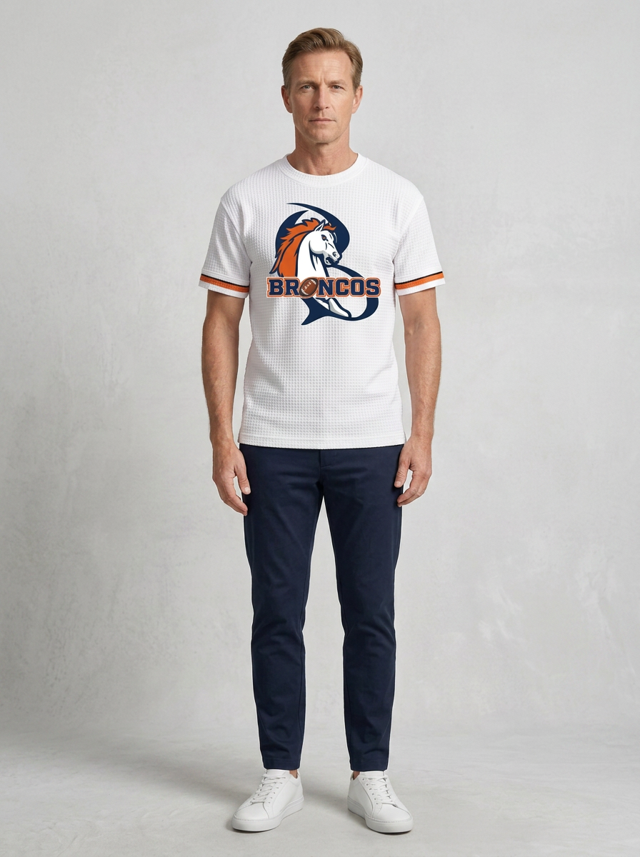 Unisex Denver Broncos Football Logo Printed Waffle Knit T-shirt