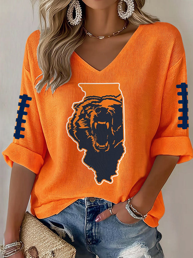 Women'S Rugby Printed Waffle Long Sleeve T-Shirt