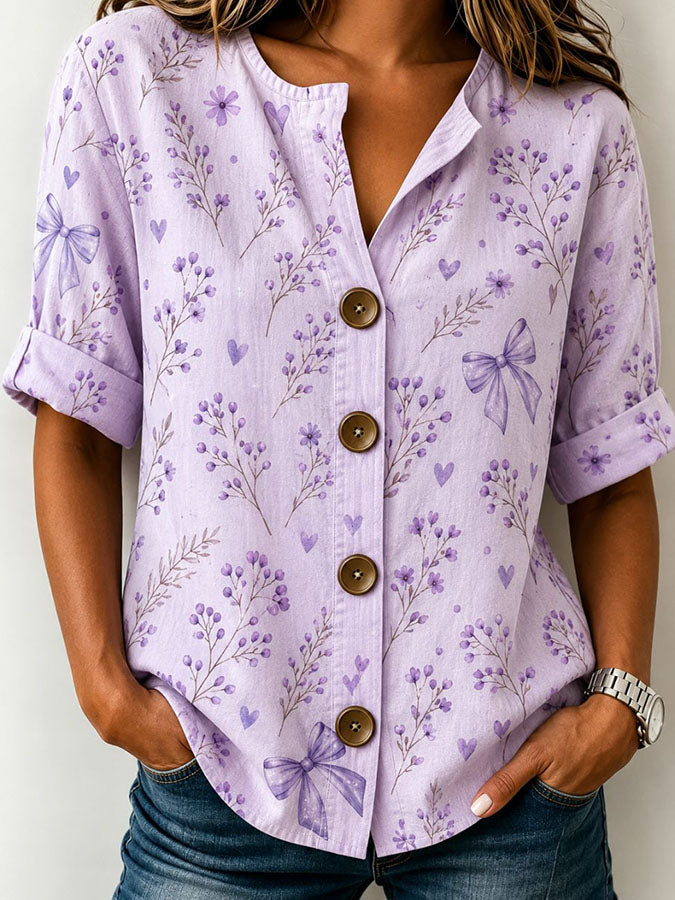 Women's Bow Heart Floral Branch Print Roll Sleeve Shirt