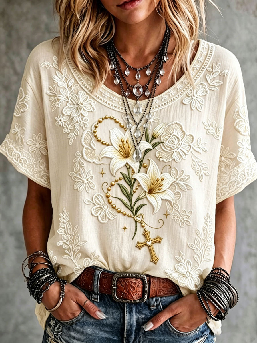 Women's Vintage Lily Flower Cross Art Print Short-sleeved T-shirt