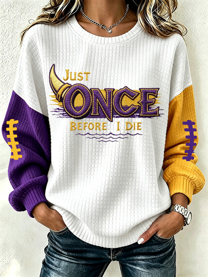 Women'S Football Print Waffle Long Sleeved Round Neck Sweatshirt