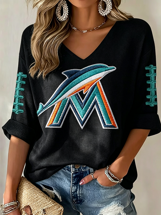 Women'S Rugby Patterned Waffle V-Neck Top