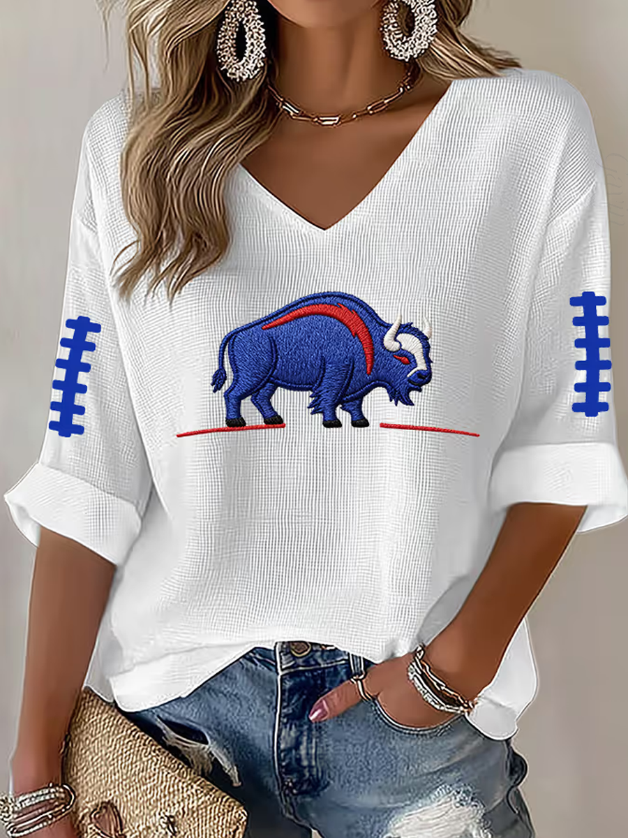 Women'S Football Printed V-Neck Mid Sleeve T-Shirt