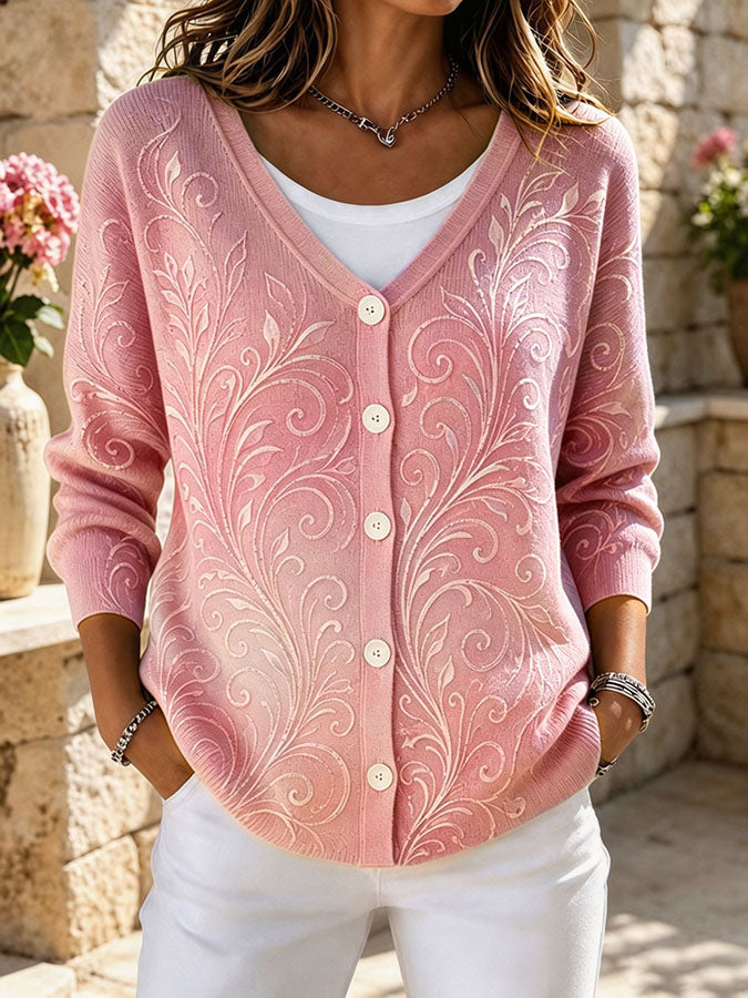 Women's Gradient Scroll Floral V Neck Knit Cardigan