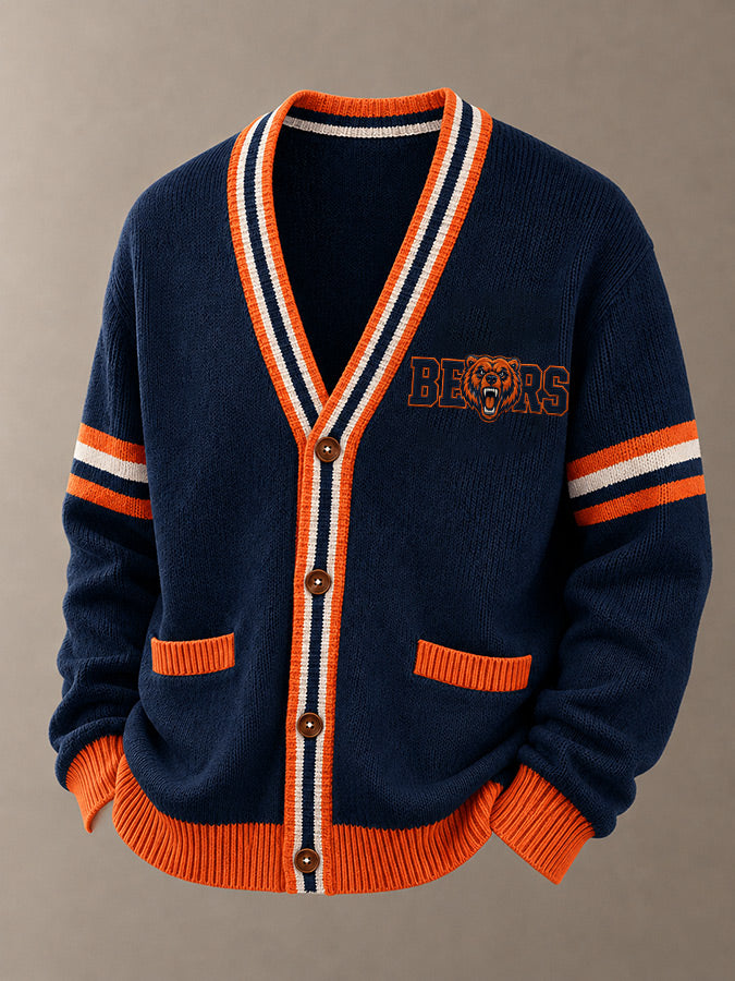 Men'S Casual Rugby Printed Knitted Cardigan