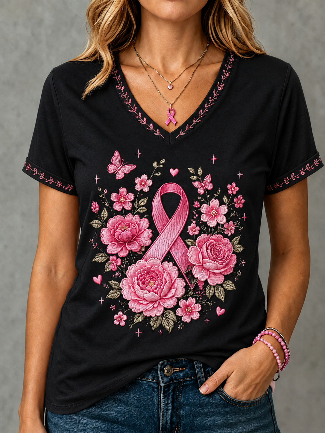 Women'S Breast Cancer Awareness Printed Short Sleeved T-Shirt