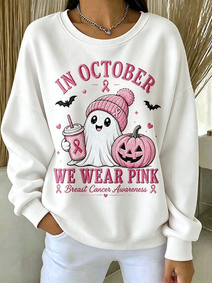 Women'S Breast Cancer Embroidery Printed Round Neck Sweatshirt