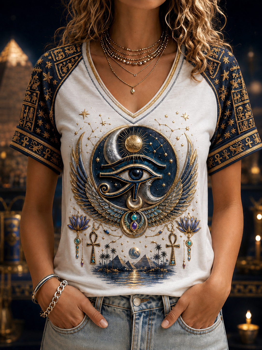 Women's Egyptian Civilization V-Neck Off-Shoulder Short-Sleeved T-Shirt