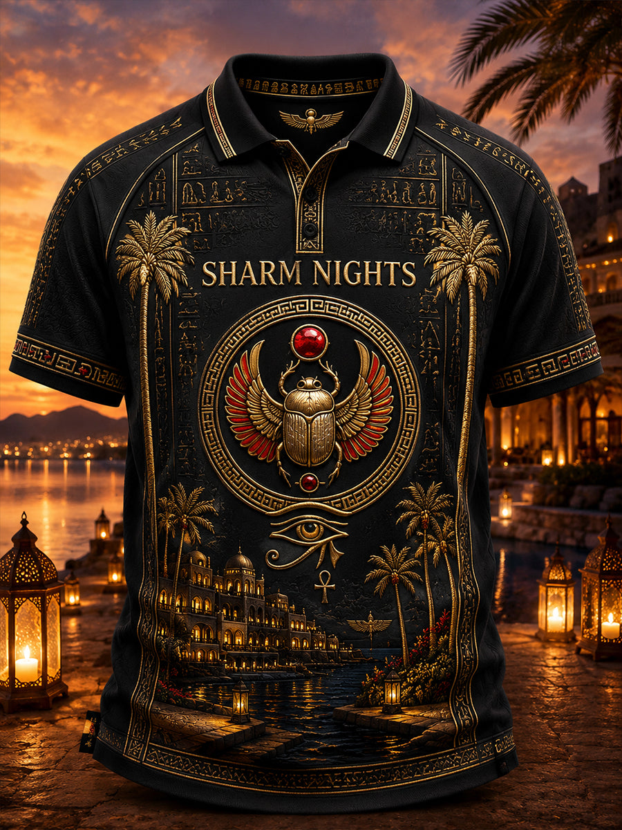 VintageStyle Casual Polo Shirt With Ancient Egyptian Art Print
