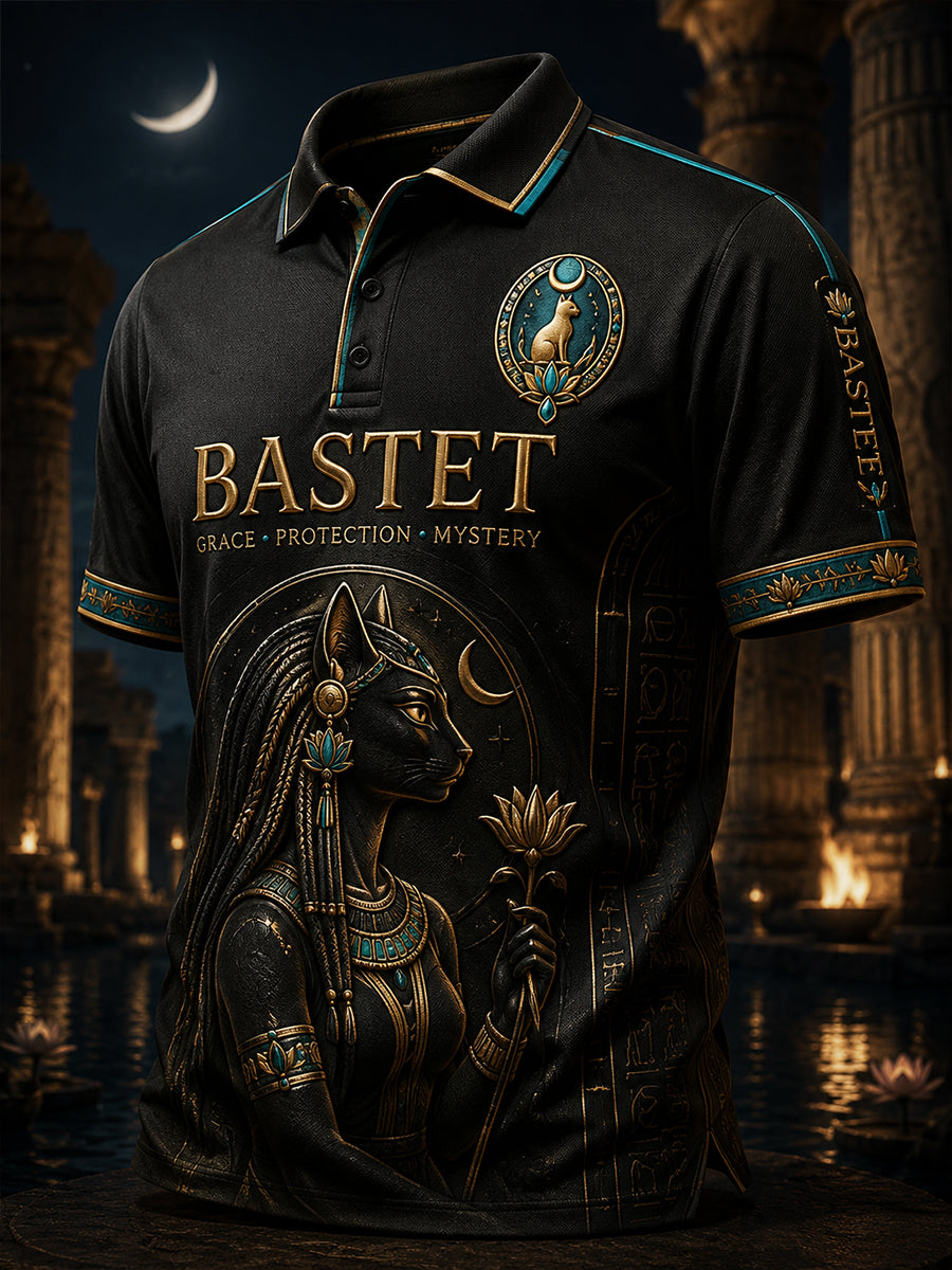 VintageStyle Casual Polo Shirt With Ancient Egyptian Art Print