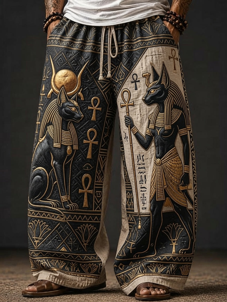 Men’s Ancient Egyptian Eba-Stete Double God Guardian Art Print Loose Drawstring Waist Pants