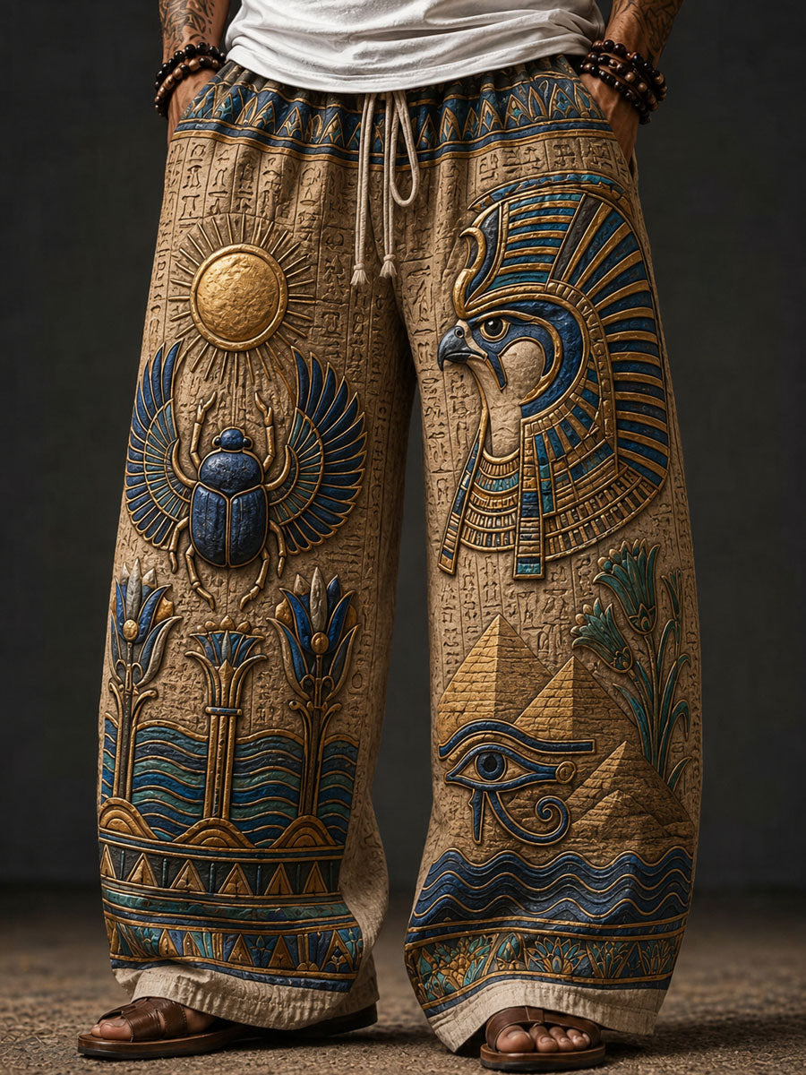 Men’s Ancient Egyptian Art Print Loose Drawstring Waistband Pants