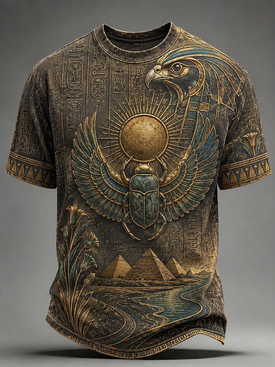 Men’s Ancient Egyptian Art Print Loose-Fit Floral Casual T-Shirt
