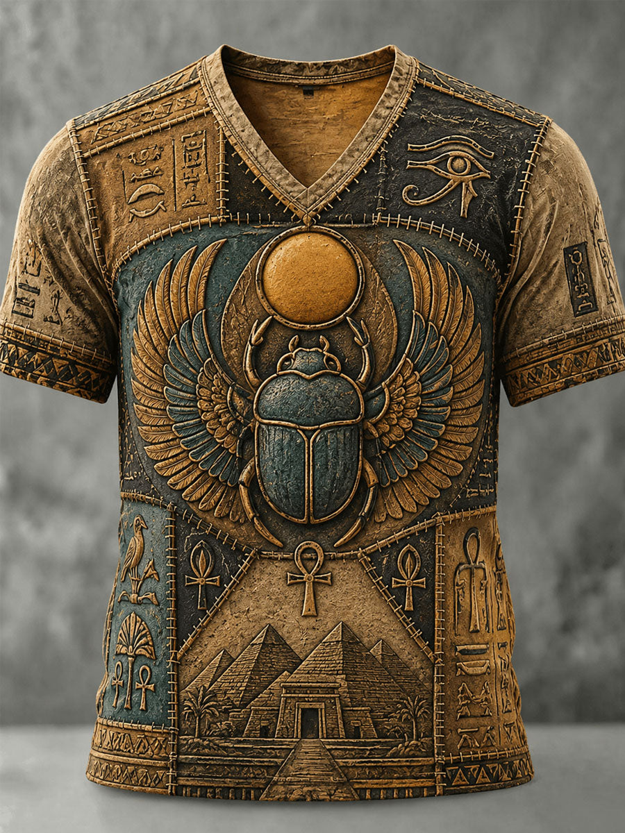 Men’s Ancient Egyptian Art Print Loose-Fit Floral Casual T-Shirt
