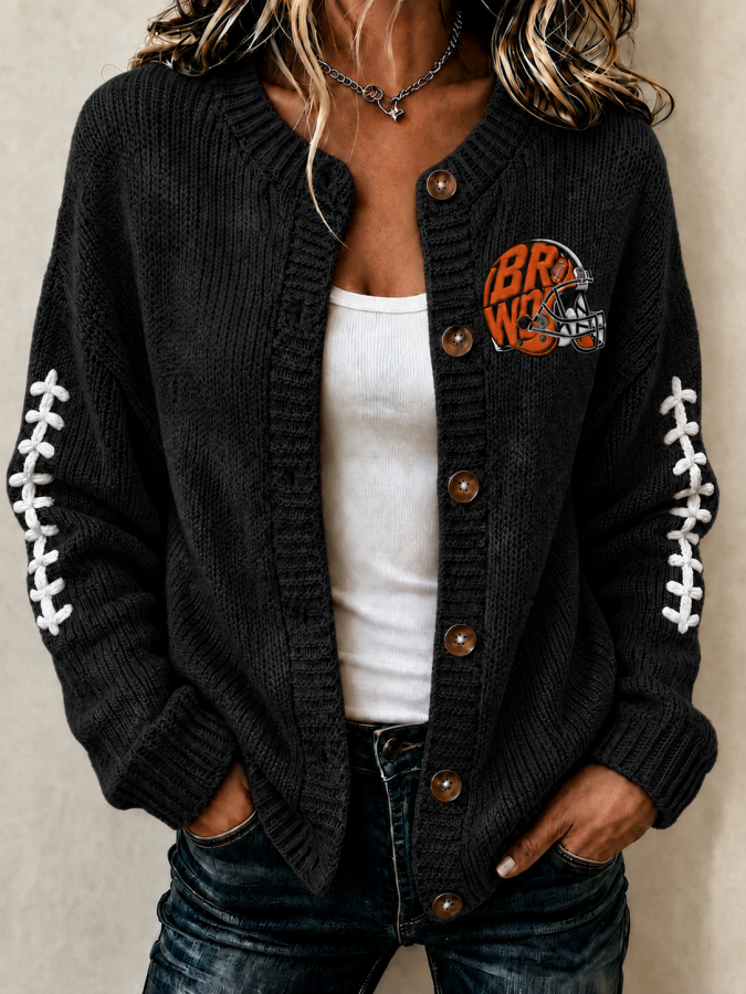Women'S Football Printed Knitted Cardigan