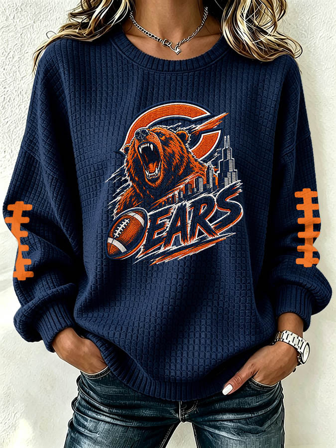 Women's football fan waffle long sleeved round neck sports shirt