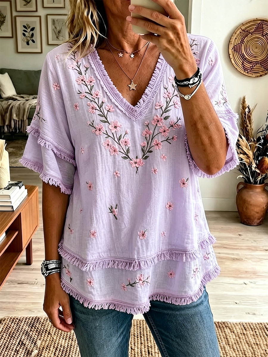 Women'S Pink Cotton Linen Flower Print Casual Tassel Shirt